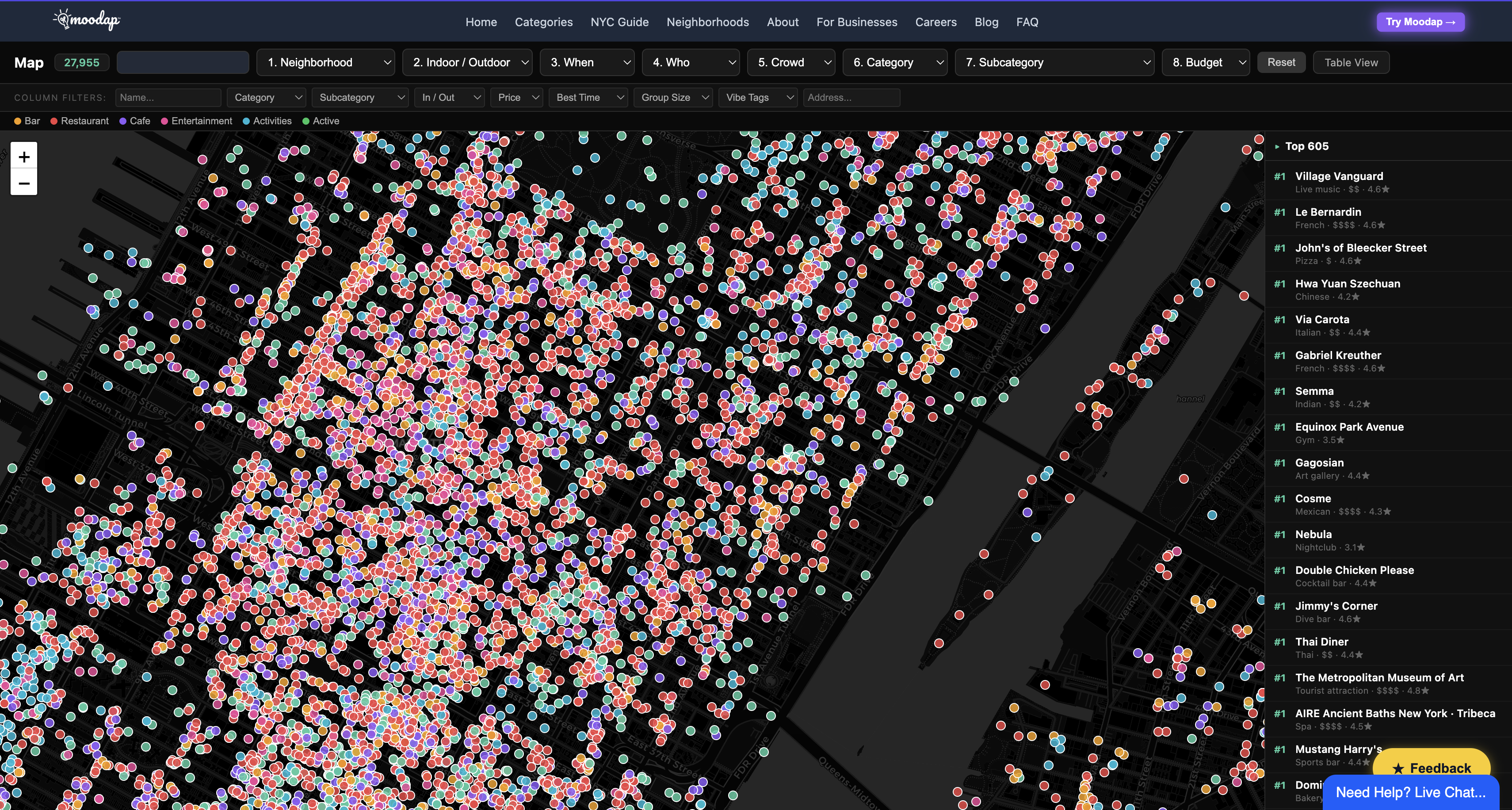 Moodap venue database — close-up of Manhattan venue coverage