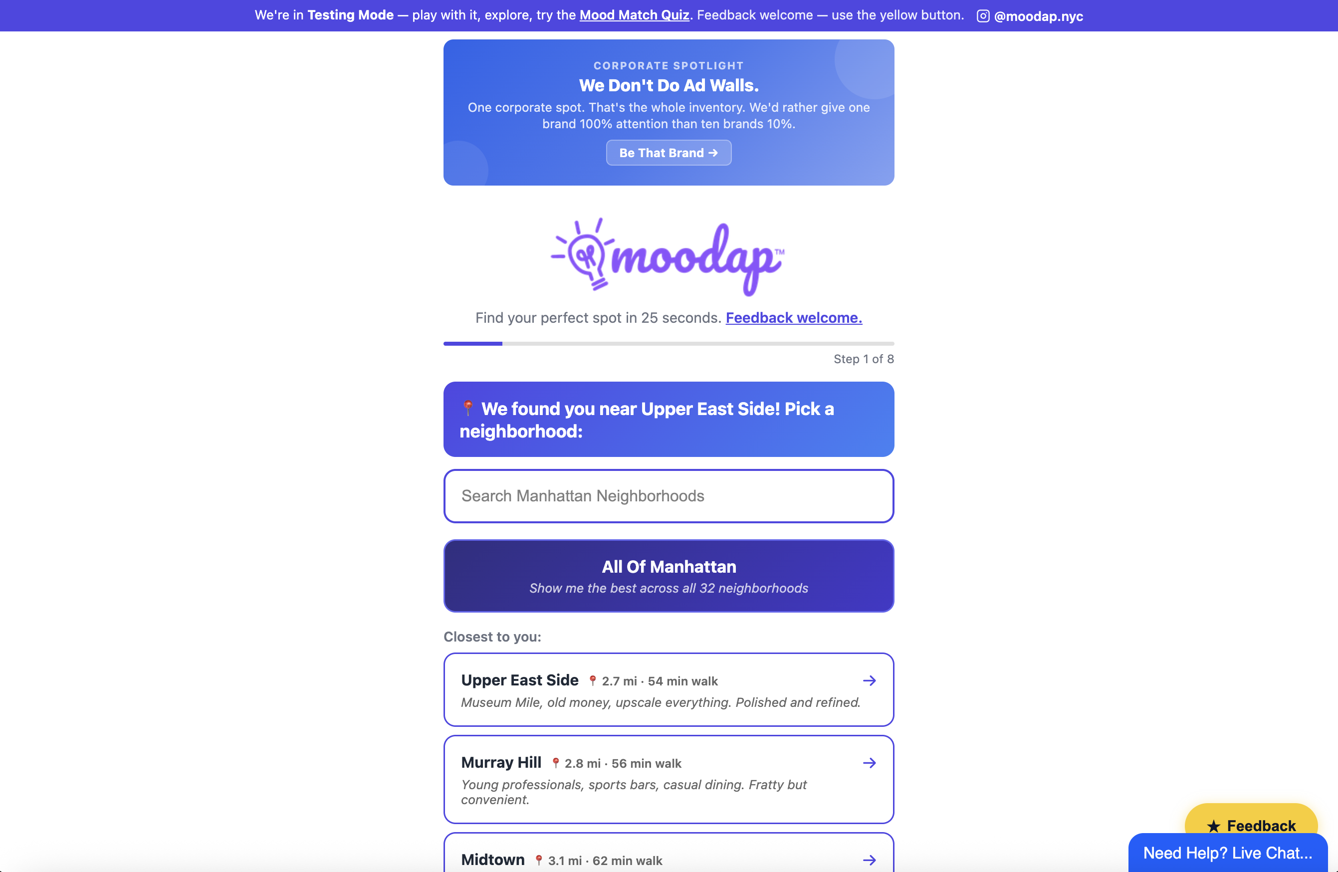 Moodap Mood Match Quiz — 25-second venue matching
